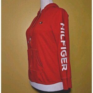 TOMMY HILFIGER Full Zip Up Red Hooded Sweatshirt Hoodie Womens Large Logo YK2 US